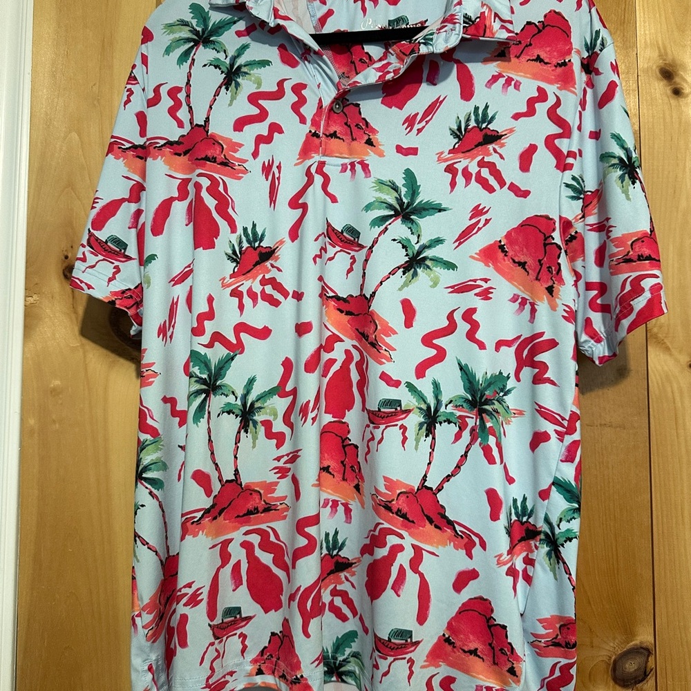 Pilatti Uomo Performance Polo - Island Sunset Palm Tree Print - Men’s Large